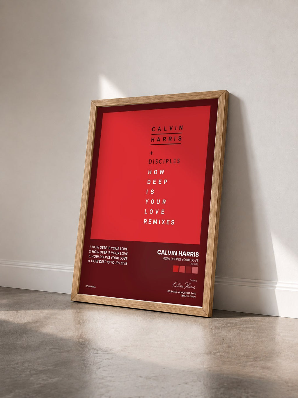 #bois Tableau de l'album How Deep Is Your Love (Remixes) de Calvin Harris vu de trois quarts, cadre en bois brut