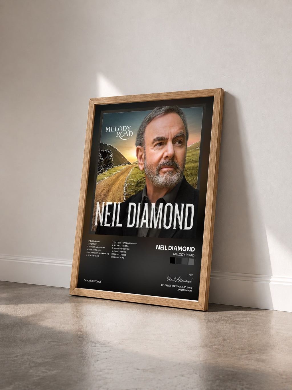 #bois Tableau de l'album Melody Road de Neil Diamond vu de trois quarts, cadre en bois brut
