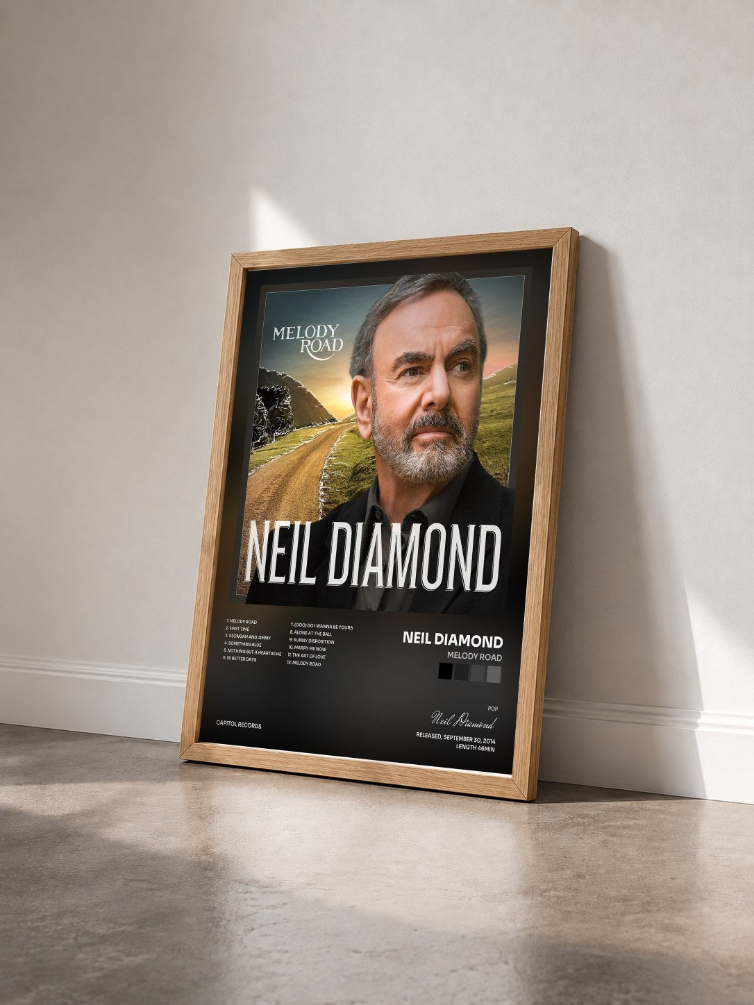 #bois Tableau de l'album Melody Road de Neil Diamond vu de trois quarts, cadre en bois brut