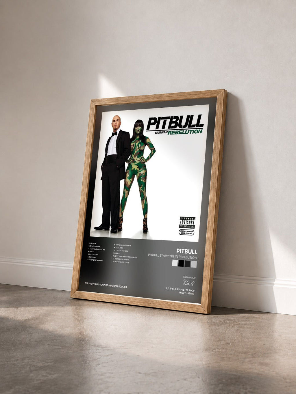 #bois Tableau de l'album Pitbull Starring In Rebelution de Pitbull vu de trois quarts, cadre en bois brut