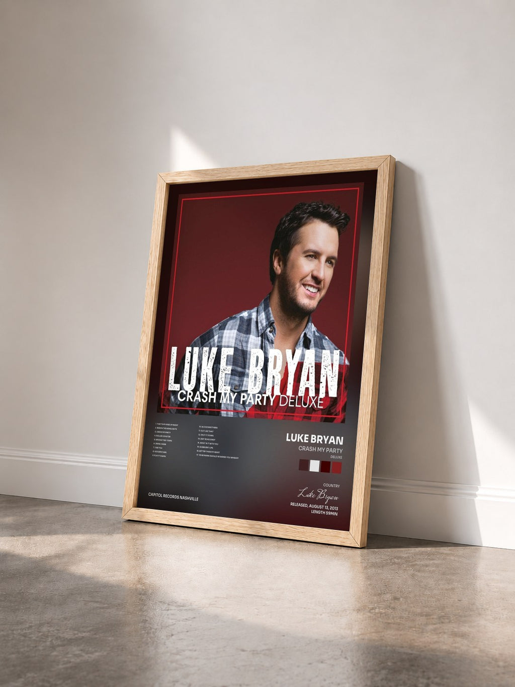 #bois Tableau de l'album Crash My Party (Deluxe) de Luke Bryan vu de trois quarts, cadre en bois brut
