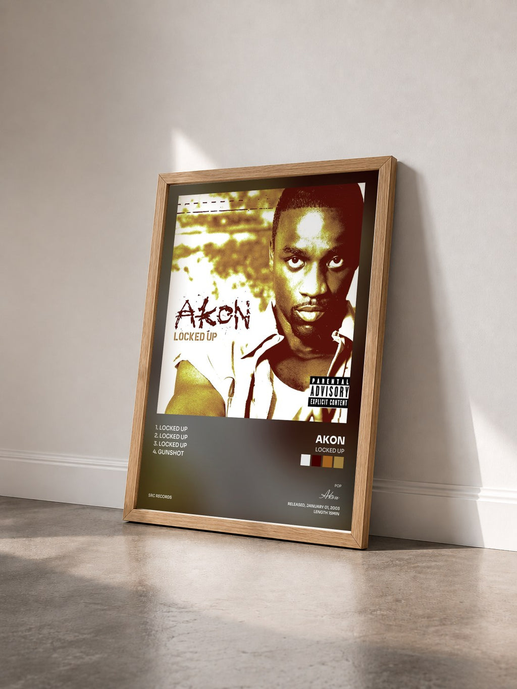 #bois Tableau de l'album Locked Up de Akon vu de trois quarts, cadre en bois brut