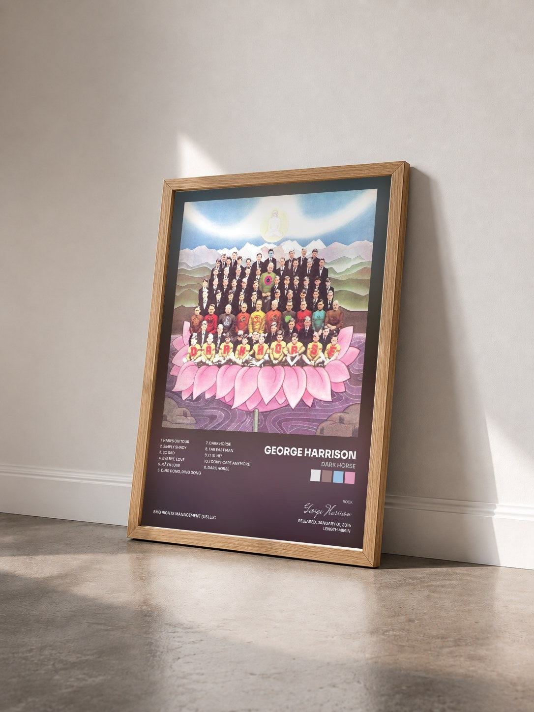 #bois Tableau de l'album Dark Horse de George Harrison vu de trois quarts, cadre en bois brut