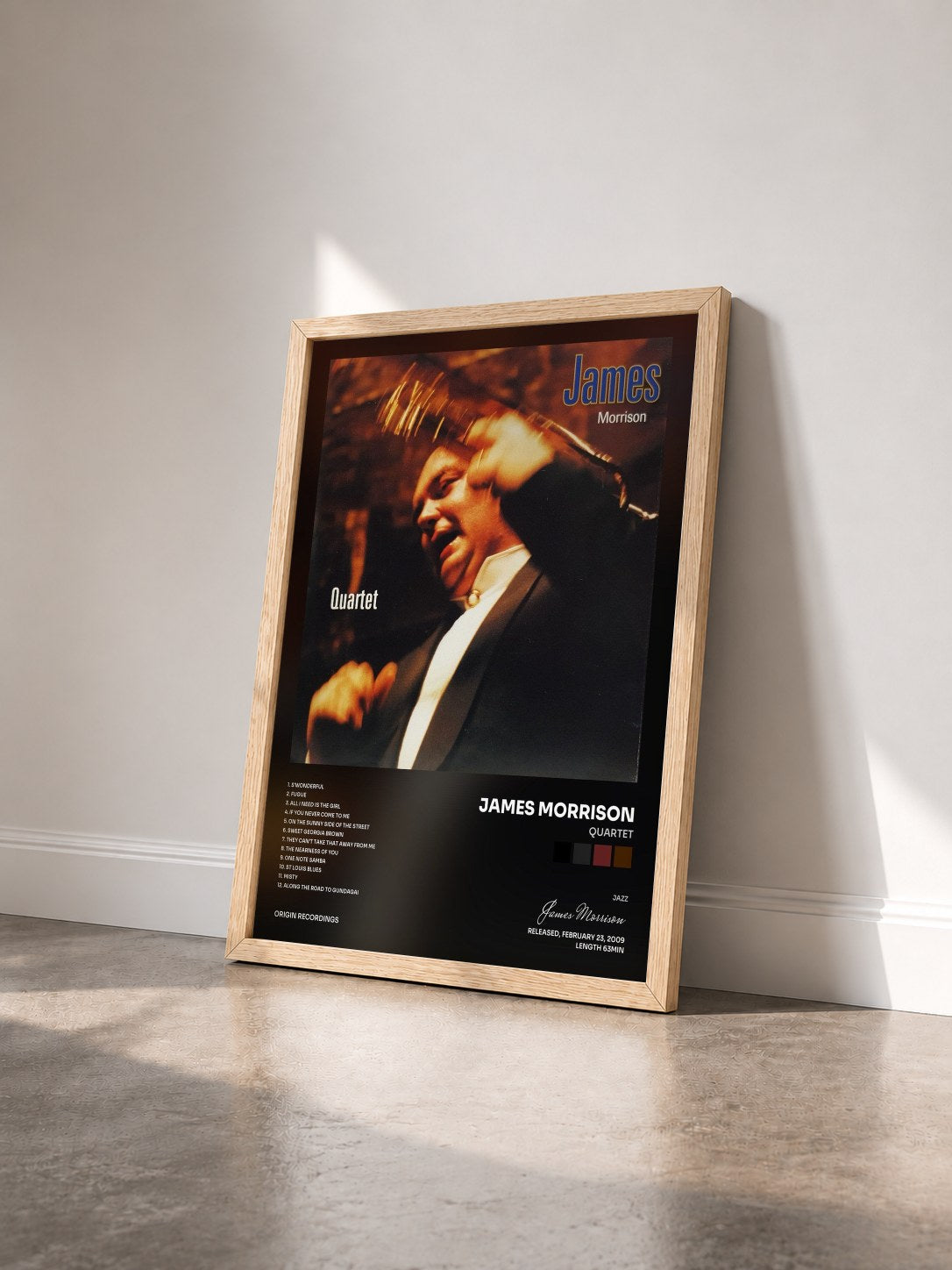 #bois Tableau de l'album Quartet de James Morrison vu de trois quarts, cadre en bois brut