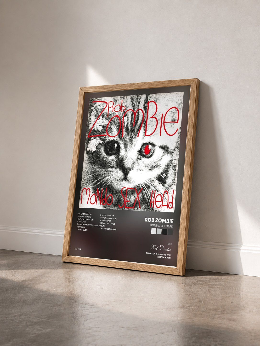 #bois Tableau de l'album Mondo Sex Head de Rob Zombie vu de trois quarts, cadre en bois brut