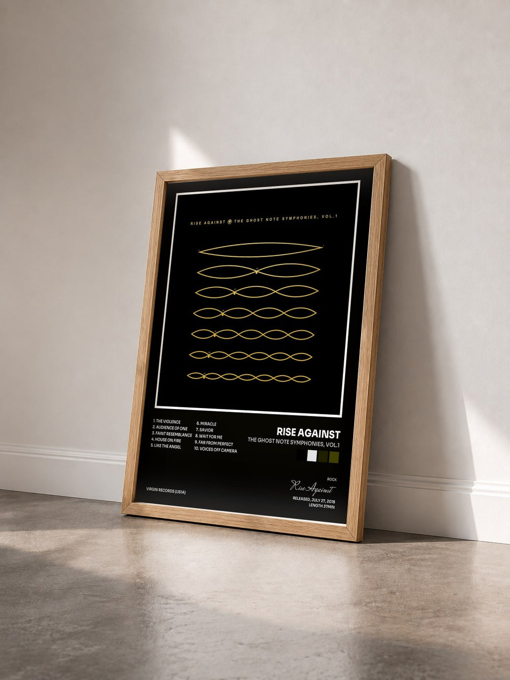 #bois Tableau de l'album The Ghost Note Symphonies, Vol.1 de Rise Against vu de trois quarts, cadre en bois brut