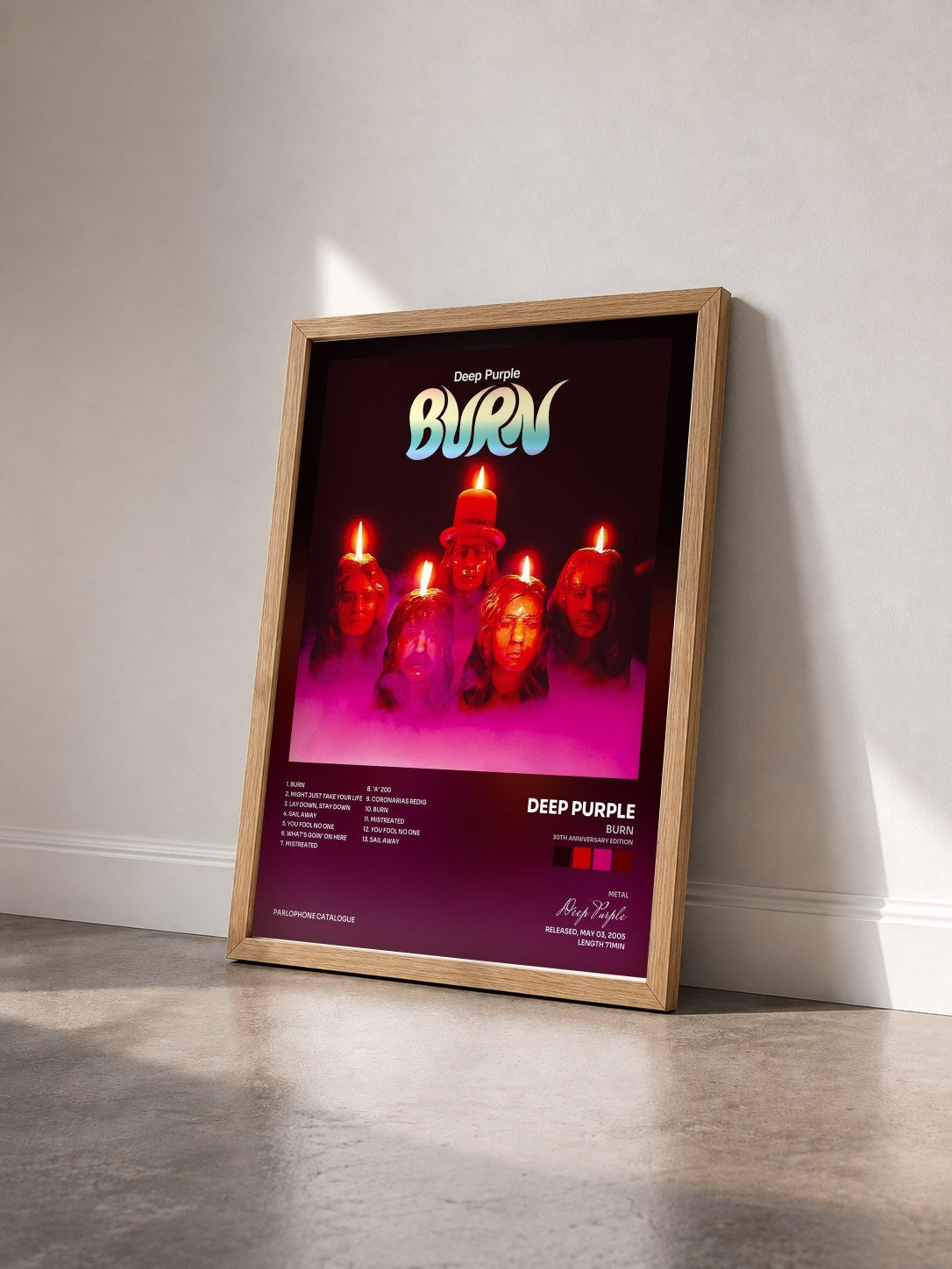 #bois Tableau de l'album Burn (30th Anniversary Edition) de Deep Purple vu de trois quarts, cadre en bois brut