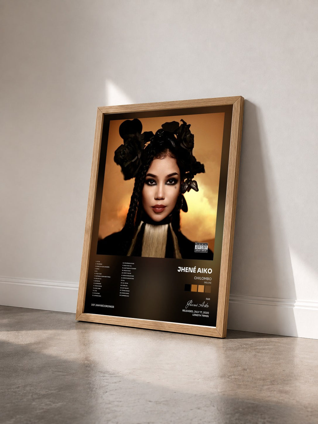 #bois Tableau de l'album Chilombo (Deluxe) de Jhené Aiko vu de trois quarts, cadre en bois brut