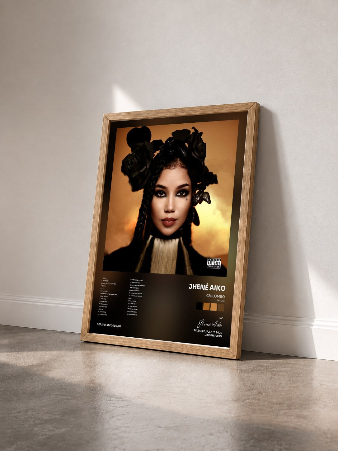 #bois Tableau de l'album Chilombo (Deluxe) de Jhené Aiko vu de trois quarts, cadre en bois brut
