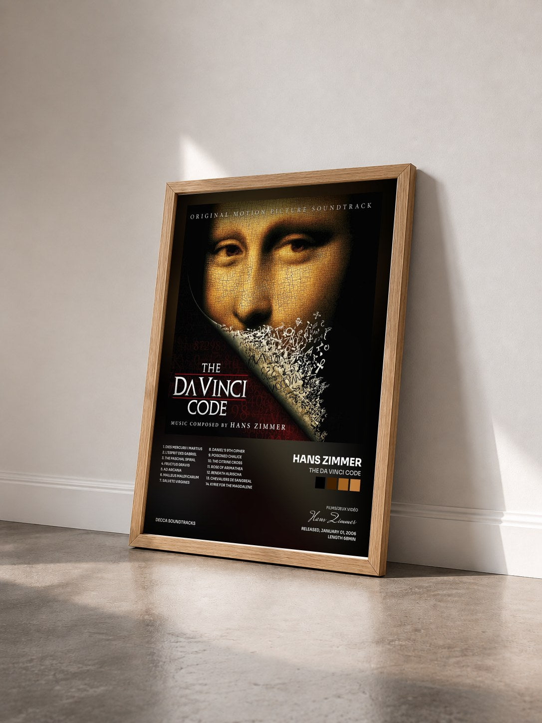 #bois Tableau de l'album The Da Vinci Code de Hans Zimmer vu de trois quarts, cadre en bois brut
