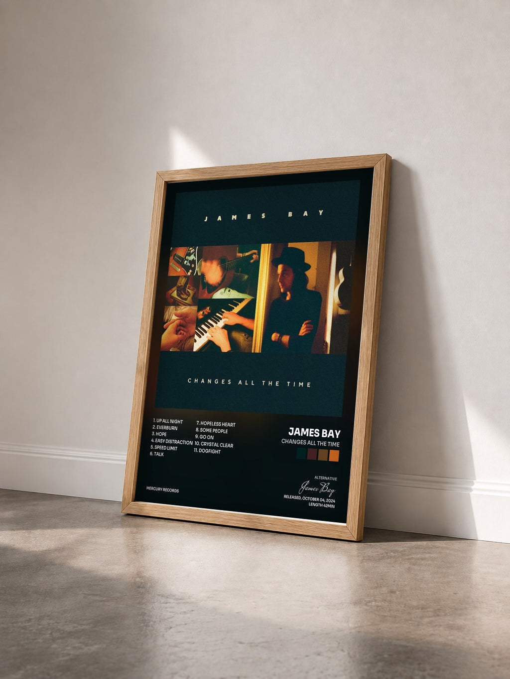 #bois Tableau de l'album Changes All The Time de James Bay vu de trois quarts, cadre en bois brut