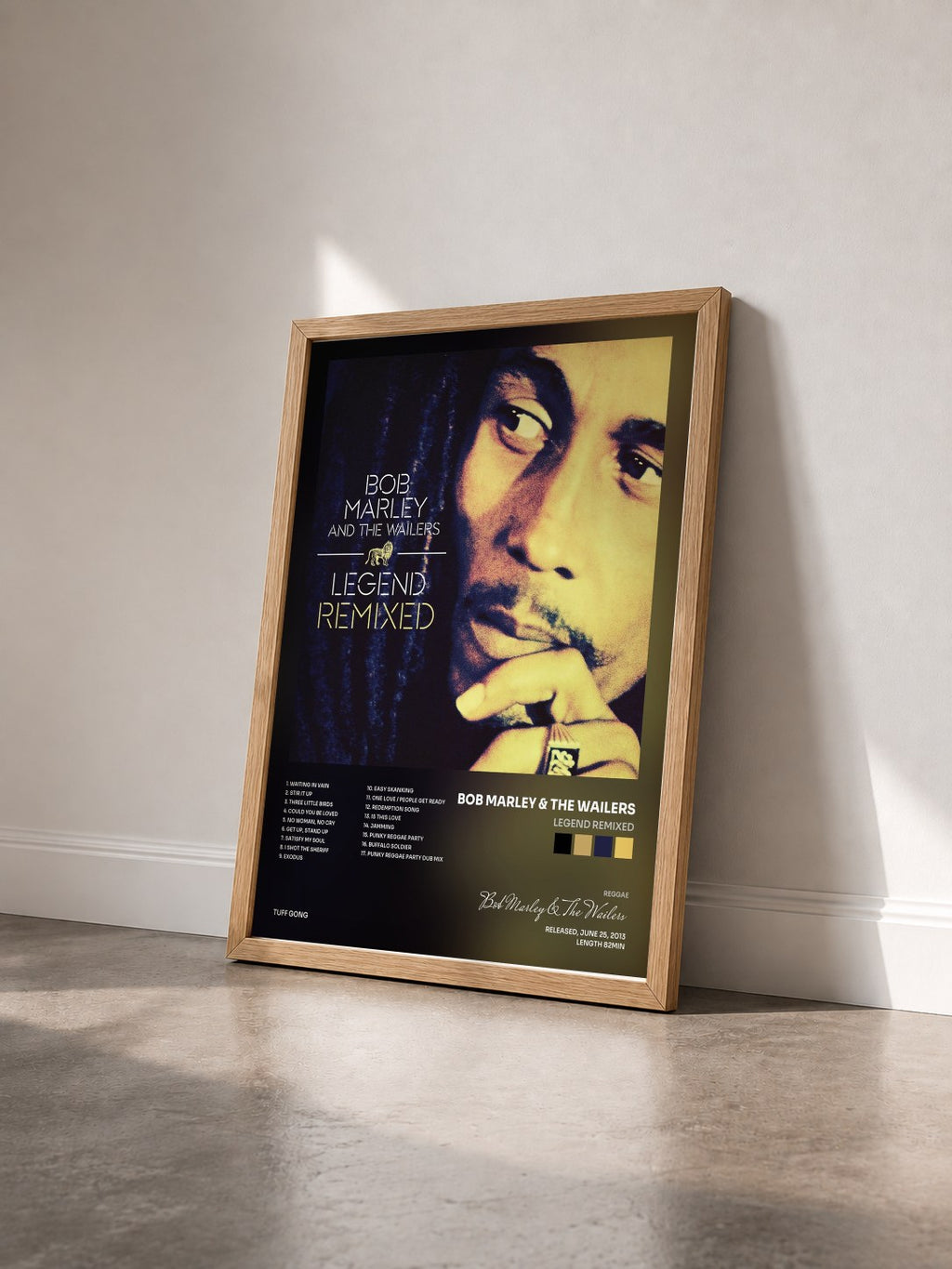 #bois Tableau de l'album Legend Remixed de Bob Marley & The Wailers vu de trois quarts, cadre en bois brut