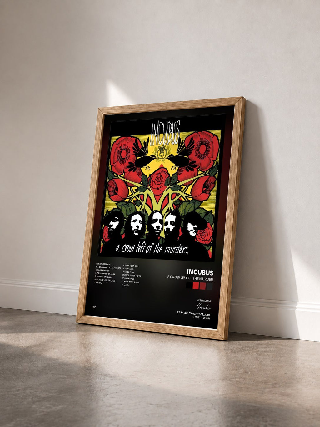 #bois Tableau de l'album A Crow Left Of The Murder de Incubus vu de trois quarts, cadre en bois brut