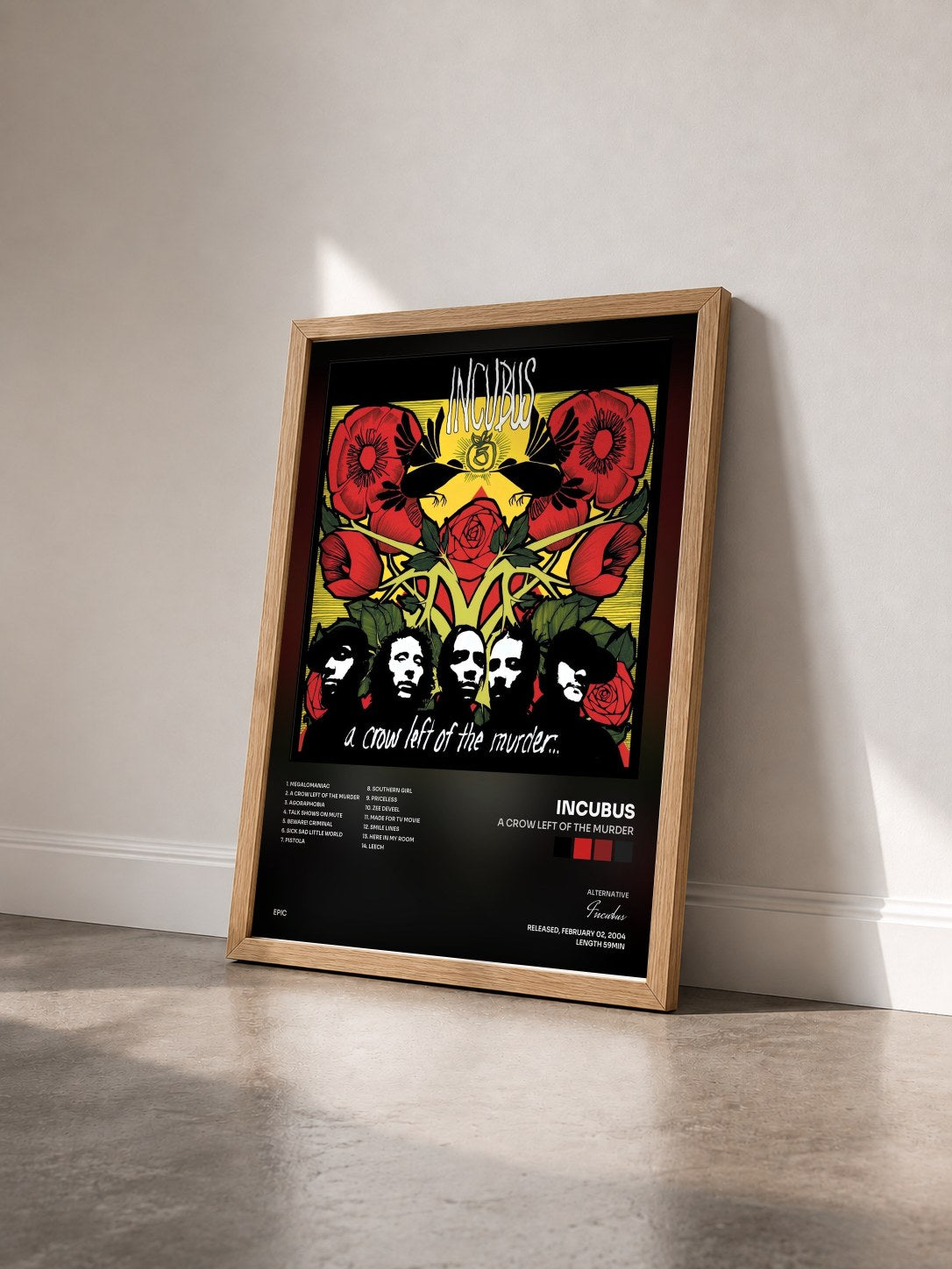 #bois Tableau de l'album A Crow Left Of The Murder de Incubus vu de trois quarts, cadre en bois brut