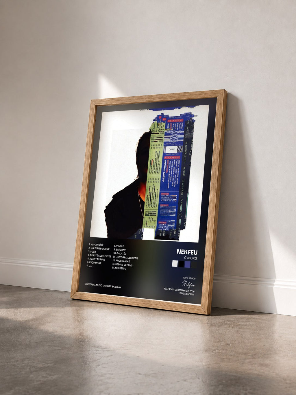 #bois Tableau de l'album Cyborg de Nekfeu vu de trois quarts, cadre en bois brut