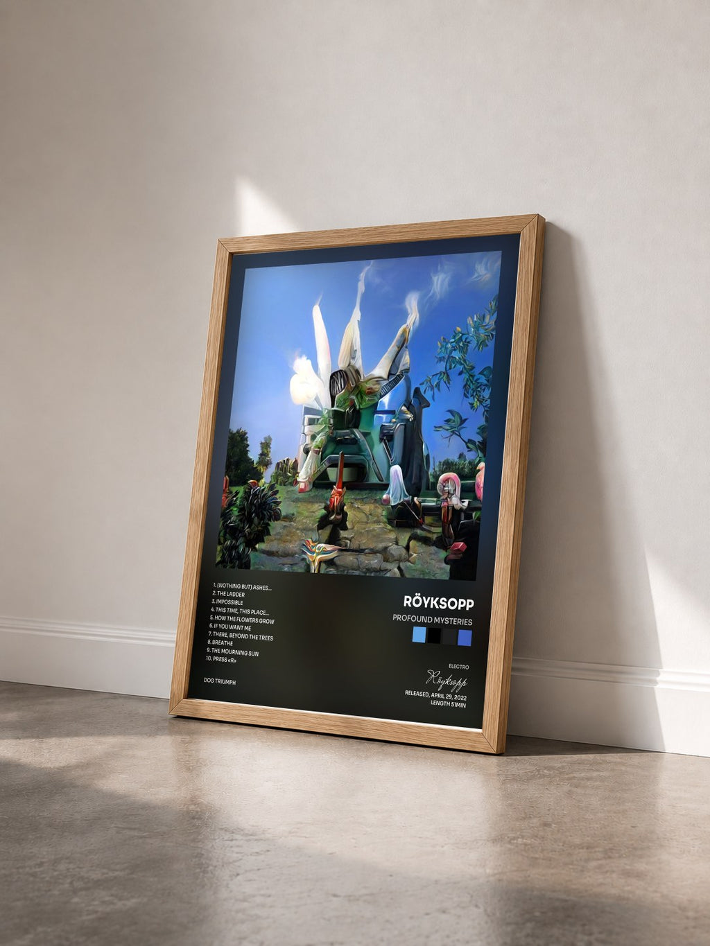 #bois Tableau de l'album Profound Mysteries de Röyksopp vu de trois quarts, cadre en bois brut