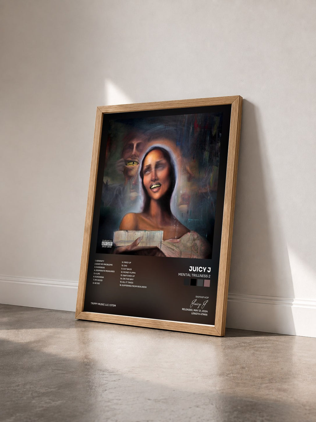 #bois Tableau de l'album Mental Trillness 2 de Juicy J vu de trois quarts, cadre en bois brut
