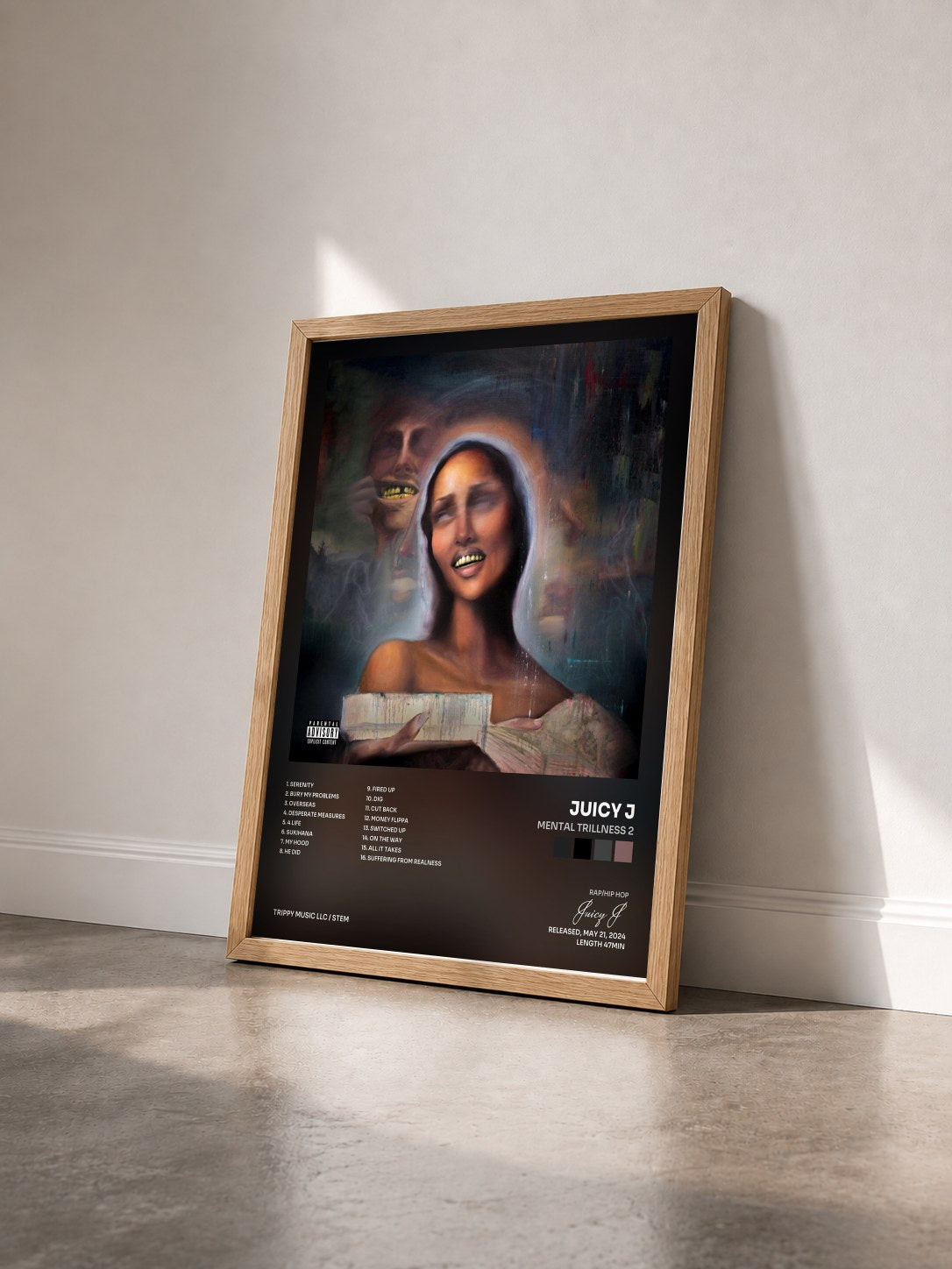#bois Tableau de l'album Mental Trillness 2 de Juicy J vu de trois quarts, cadre en bois brut