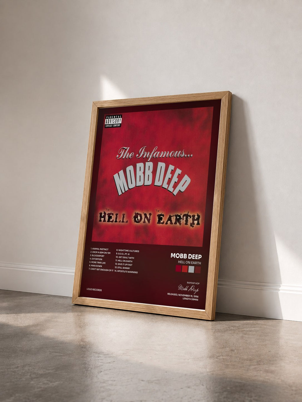 #bois Tableau de l'album Hell On Earth de Mobb Deep vu de trois quarts, cadre en bois brut
