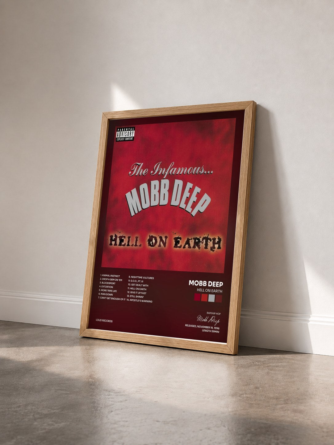 #bois Tableau de l'album Hell On Earth de Mobb Deep vu de trois quarts, cadre en bois brut