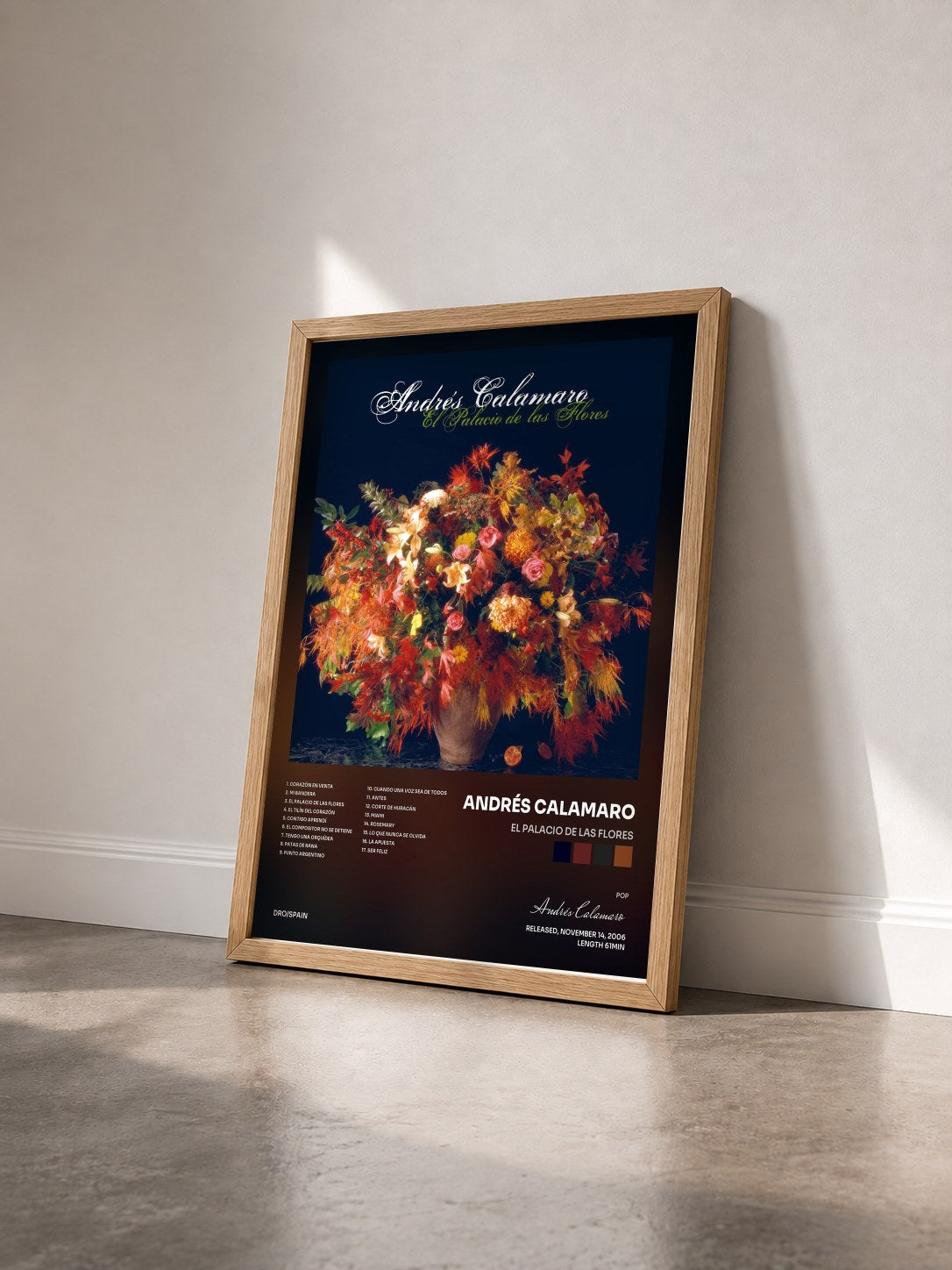 #bois Tableau de l'album El palacio de las flores de Andrés Calamaro vu de trois quarts, cadre en bois brut
