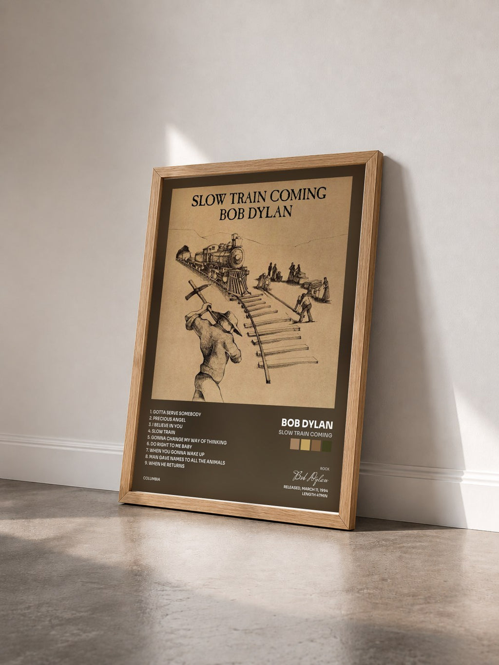 #bois Tableau de l'album Slow Train Coming de Bob Dylan vu de trois quarts, cadre en bois brut