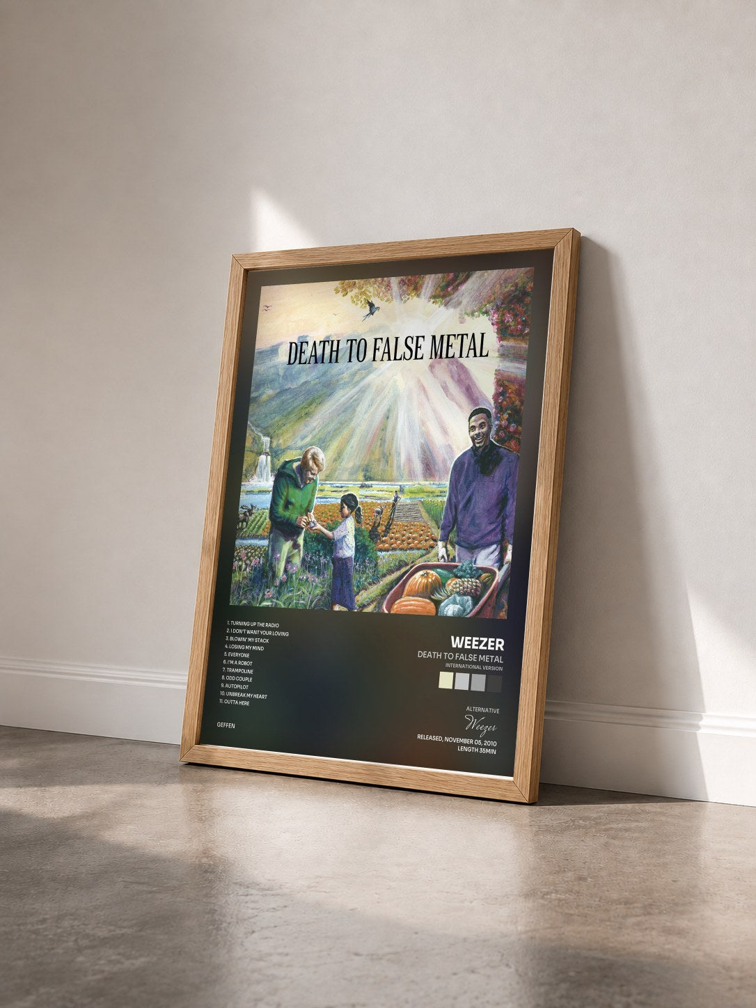 #bois Tableau de l'album Death to False Metal (International Version) de Weezer vu de trois quarts, cadre en bois brut
