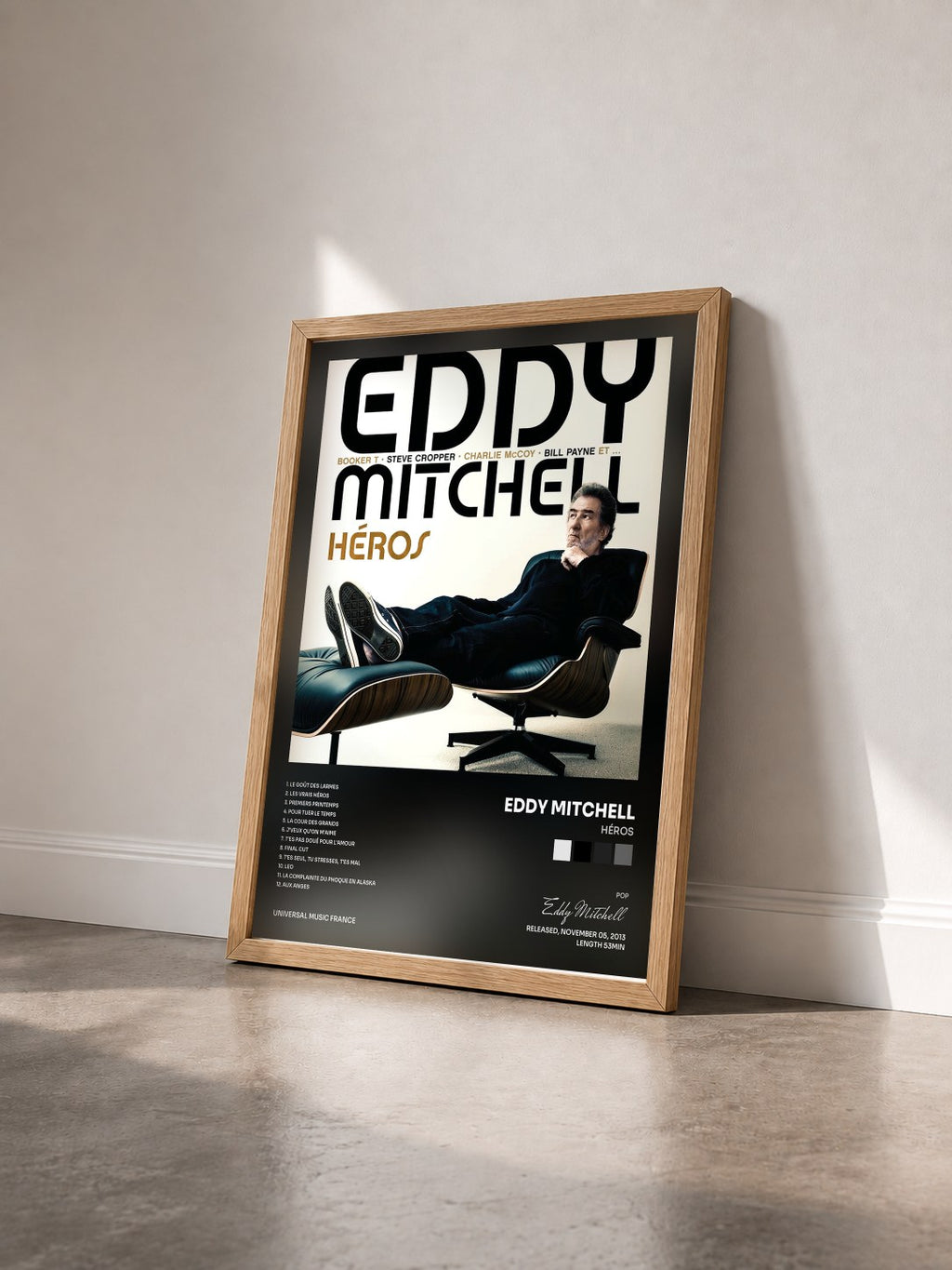 #bois Tableau de l'album Héros de Eddy Mitchell vu de trois quarts, cadre en bois brut