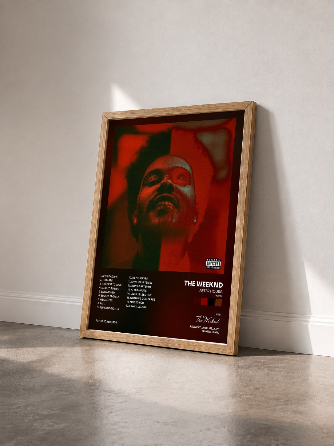 #bois Tableau de l'album After Hours (Deluxe) de The Weeknd vu de trois quarts, cadre en bois brut