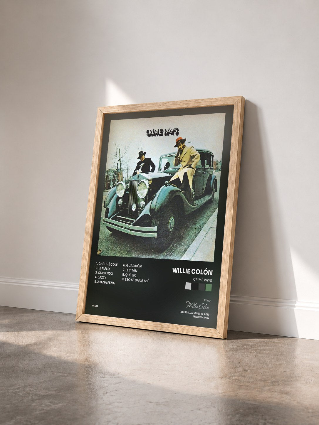 #bois Tableau de l'album Crime Pays de Willie Colón vu de trois quarts, cadre en bois brut