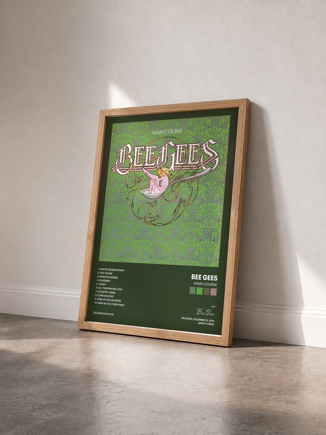 #bois Tableau de l'album Main Course de Bee Gees vu de trois quarts, cadre en bois brut