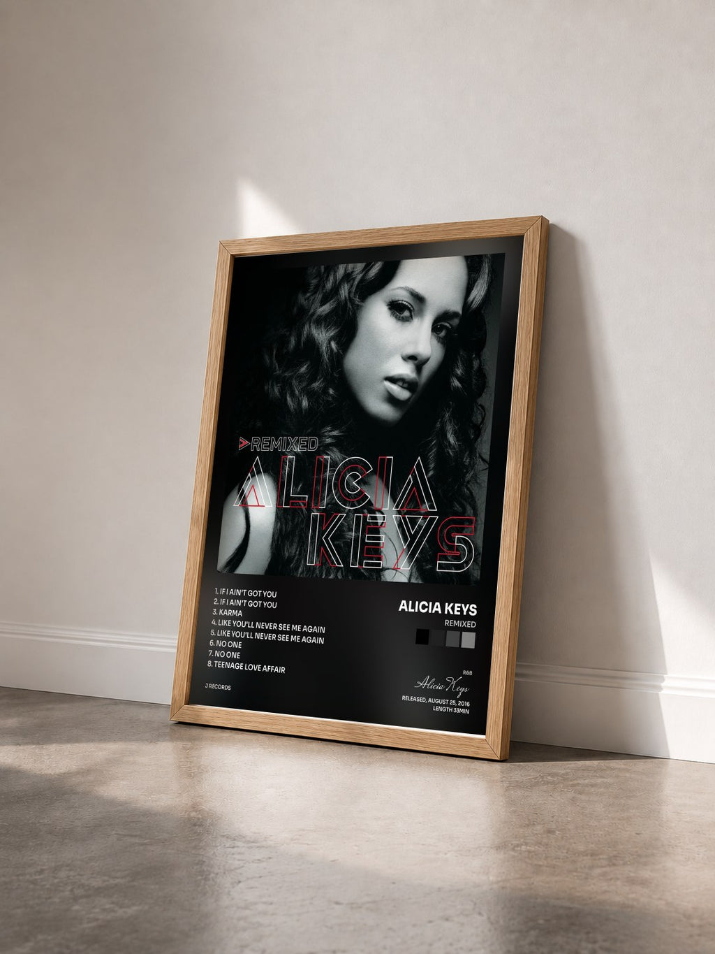 #bois Tableau de l'album Remixed de Alicia Keys vu de trois quarts, cadre en bois brut
