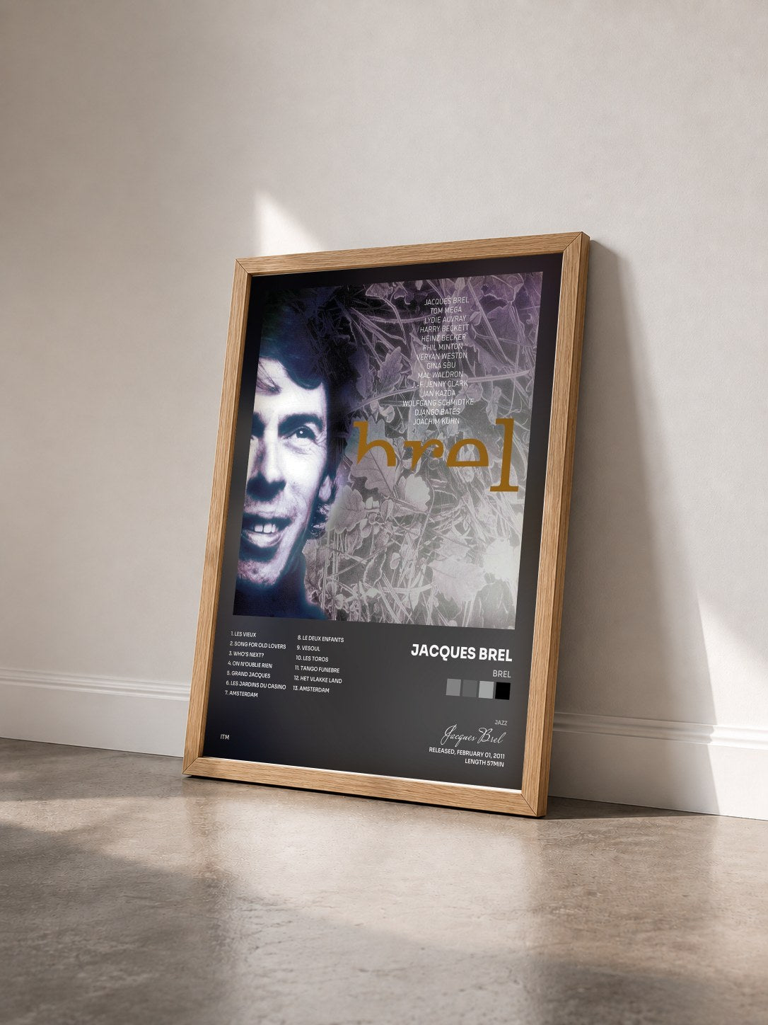 #bois Tableau de l'album Brel de Jacques Brel vu de trois quarts, cadre en bois brut