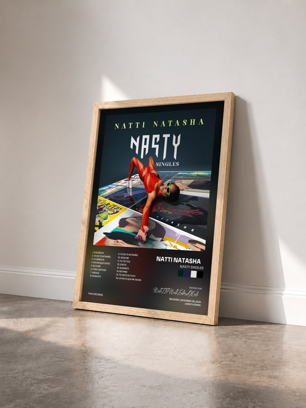 #bois Tableau de l'album NASTY SINGLES de NATTI NATASHA    vu de trois quarts, cadre en bois brut