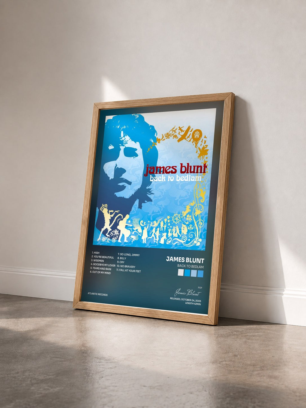 #bois Tableau de l'album Back to Bedlam de James Blunt vu de trois quarts, cadre en bois brut