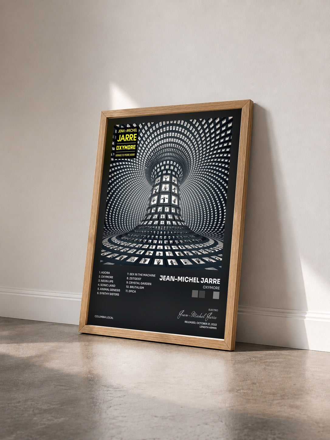 #bois Tableau de l'album OXYMORE de Jean-Michel Jarre vu de trois quarts, cadre en bois brut