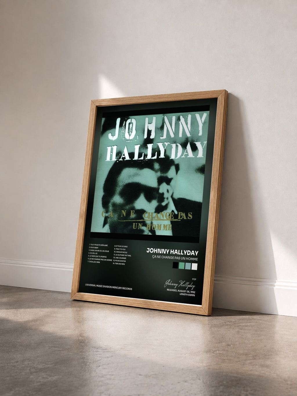 #bois Tableau de l'album Ça ne change pas un homme de Johnny Hallyday vu de trois quarts, cadre en bois brut
