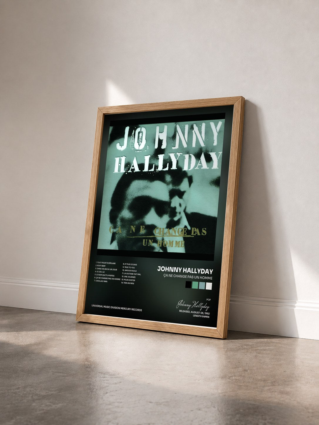 #bois Tableau de l'album Ça ne change pas un homme de Johnny Hallyday vu de trois quarts, cadre en bois brut