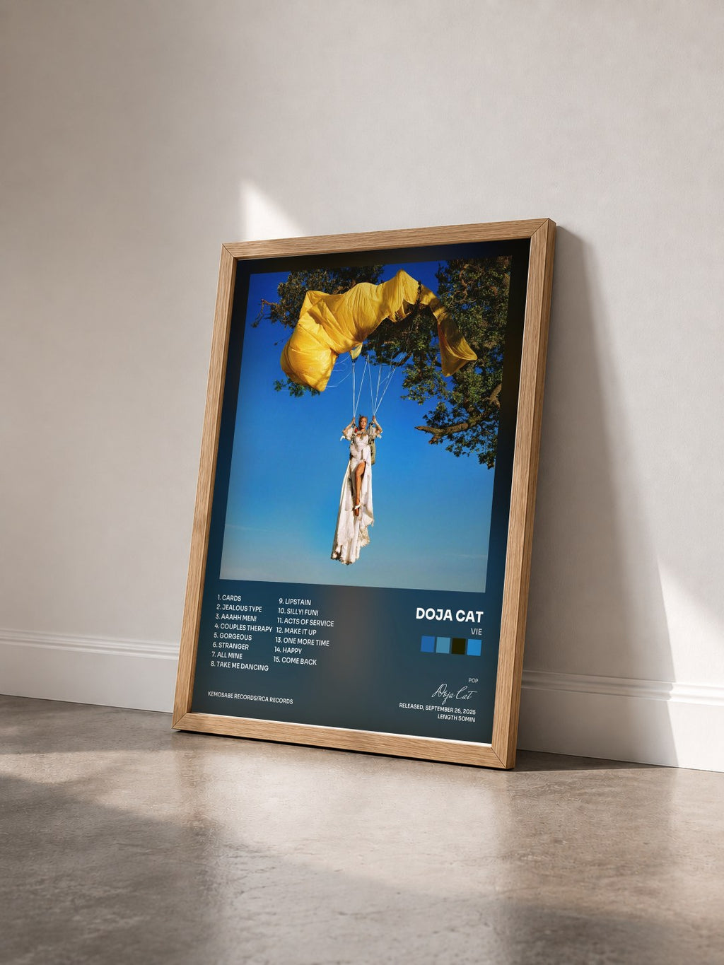 #bois Tableau de l'album Vie de Doja Cat vu de trois quarts, cadre en bois brut