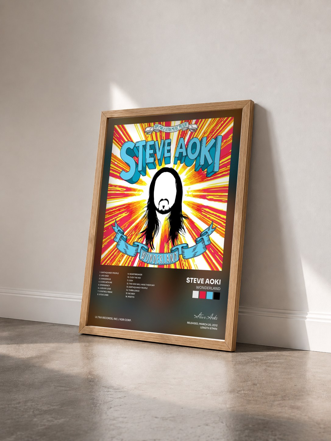 #bois Tableau de l'album Wonderland de Steve Aoki vu de trois quarts, cadre en bois brut