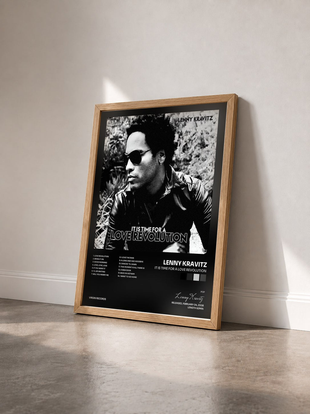 #bois Tableau de l'album It Is Time For A Love Revolution de Lenny Kravitz vu de trois quarts, cadre en bois brut