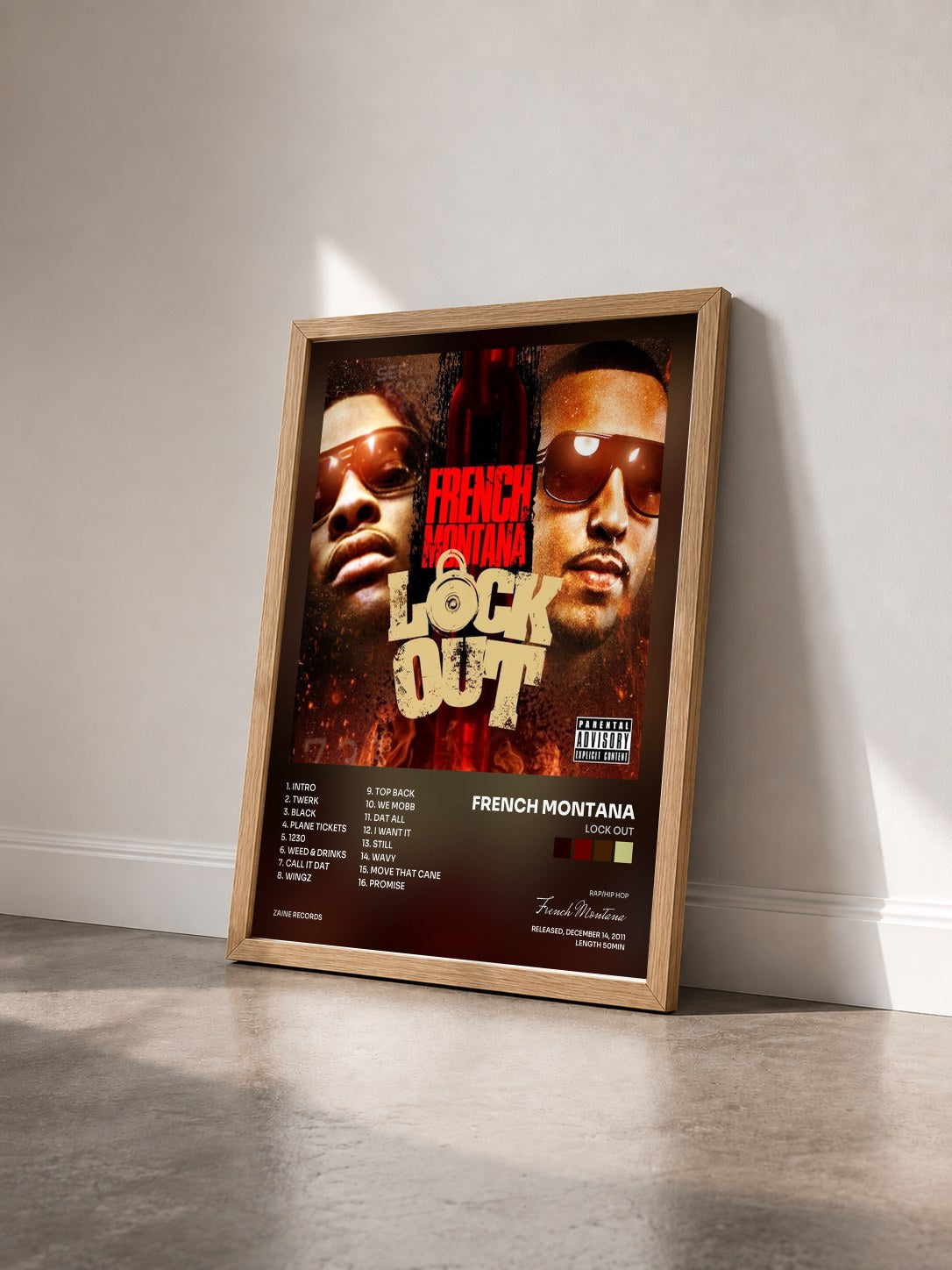 #bois Tableau de l'album Lock Out de French Montana vu de trois quarts, cadre en bois brut