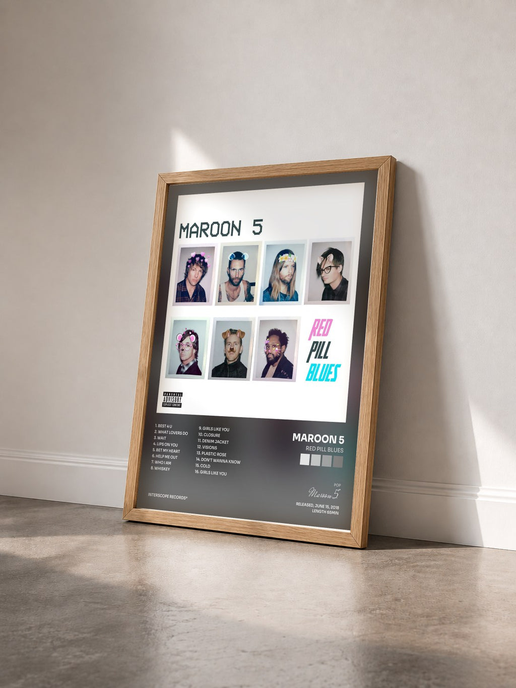 #bois Tableau de l'album Red Pill Blues de Maroon 5 vu de trois quarts, cadre en bois brut