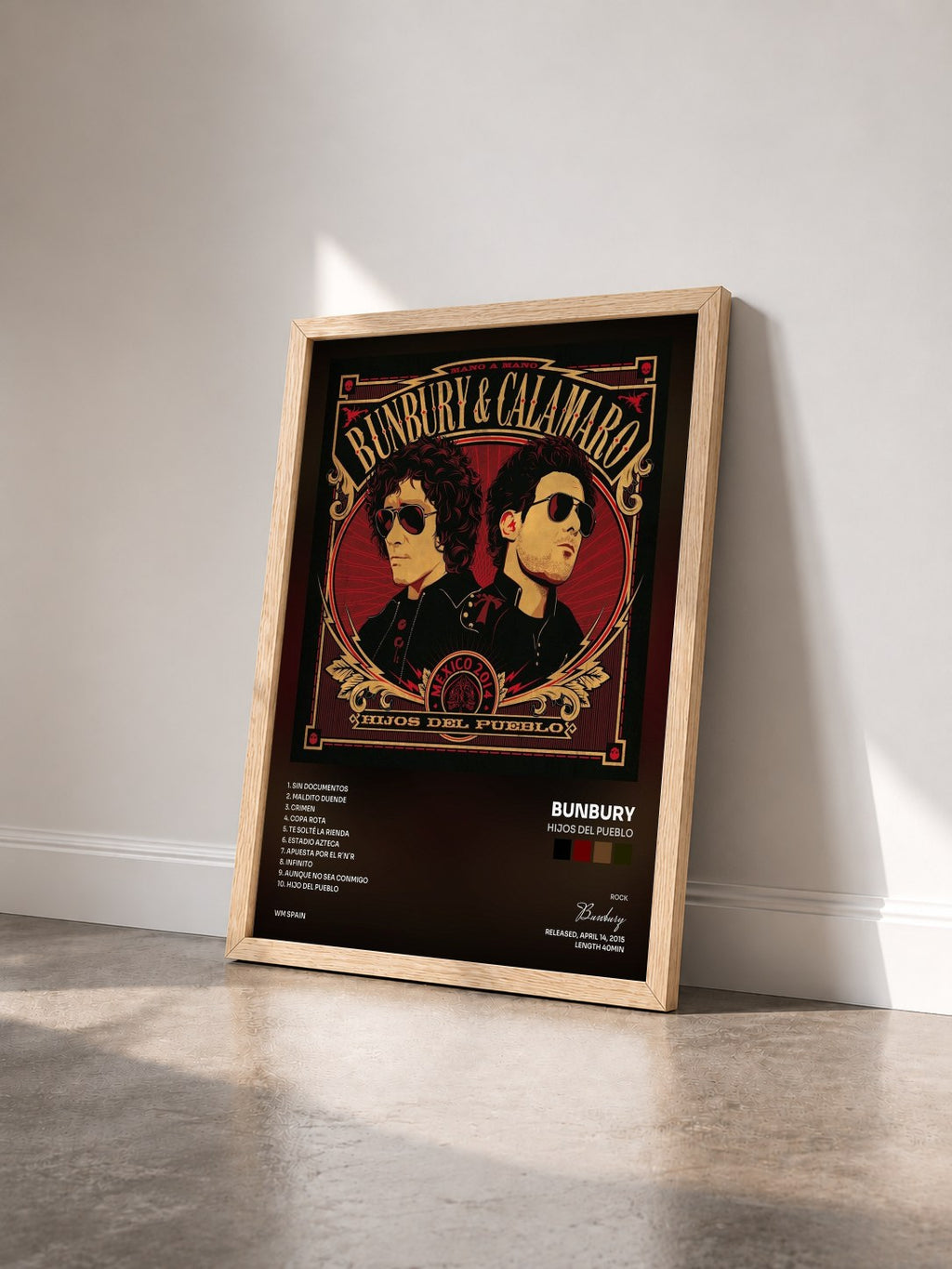 #bois Tableau de l'album Hijos del pueblo de Bunbury vu de trois quarts, cadre en bois brut