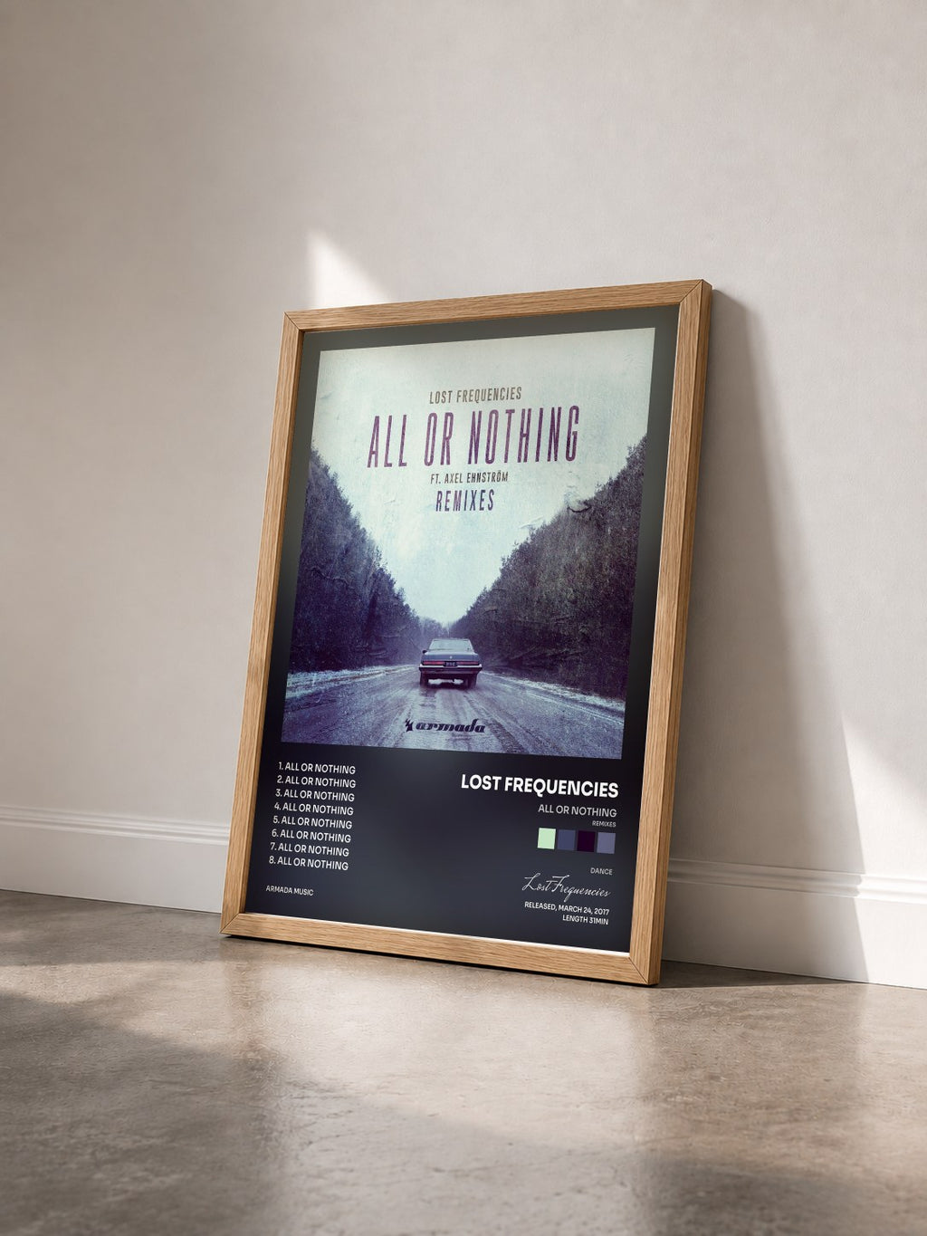 #bois Tableau de l'album All Or Nothing (Remixes) de Lost Frequencies vu de trois quarts, cadre en bois brut