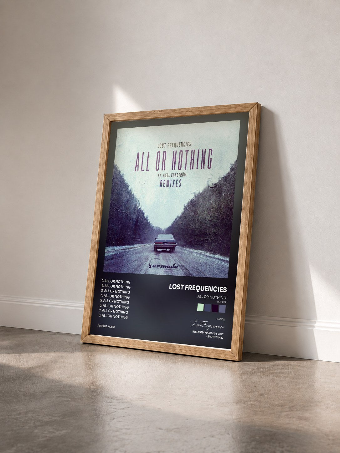 #bois Tableau de l'album All Or Nothing (Remixes) de Lost Frequencies vu de trois quarts, cadre en bois brut