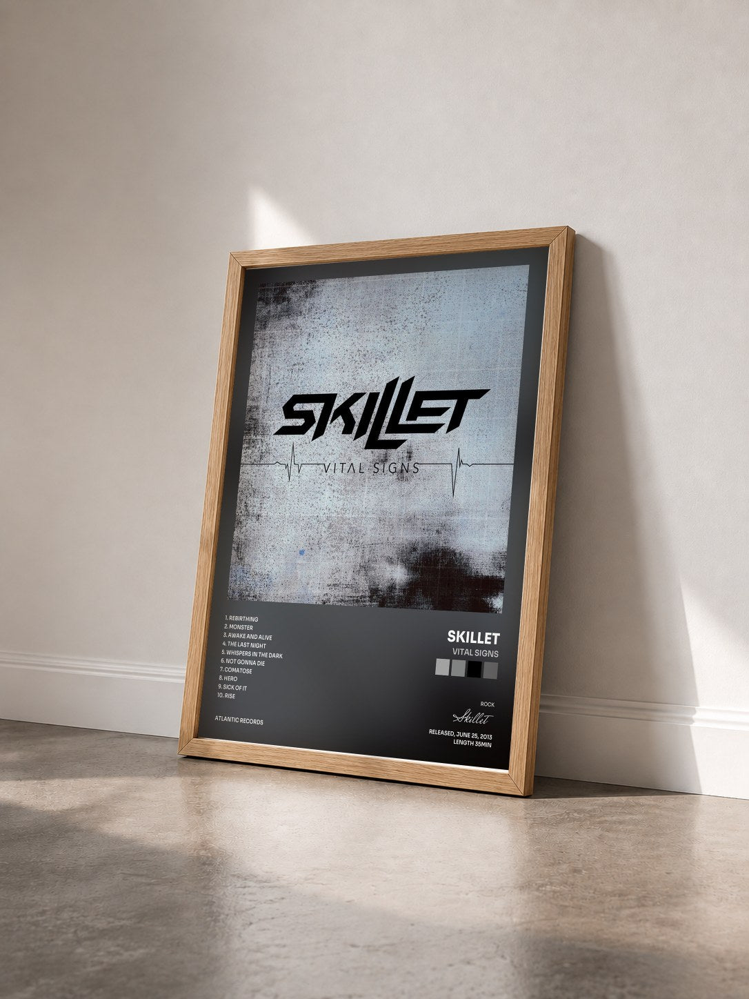 #bois Tableau de l'album Vital Signs de Skillet vu de trois quarts, cadre en bois brut