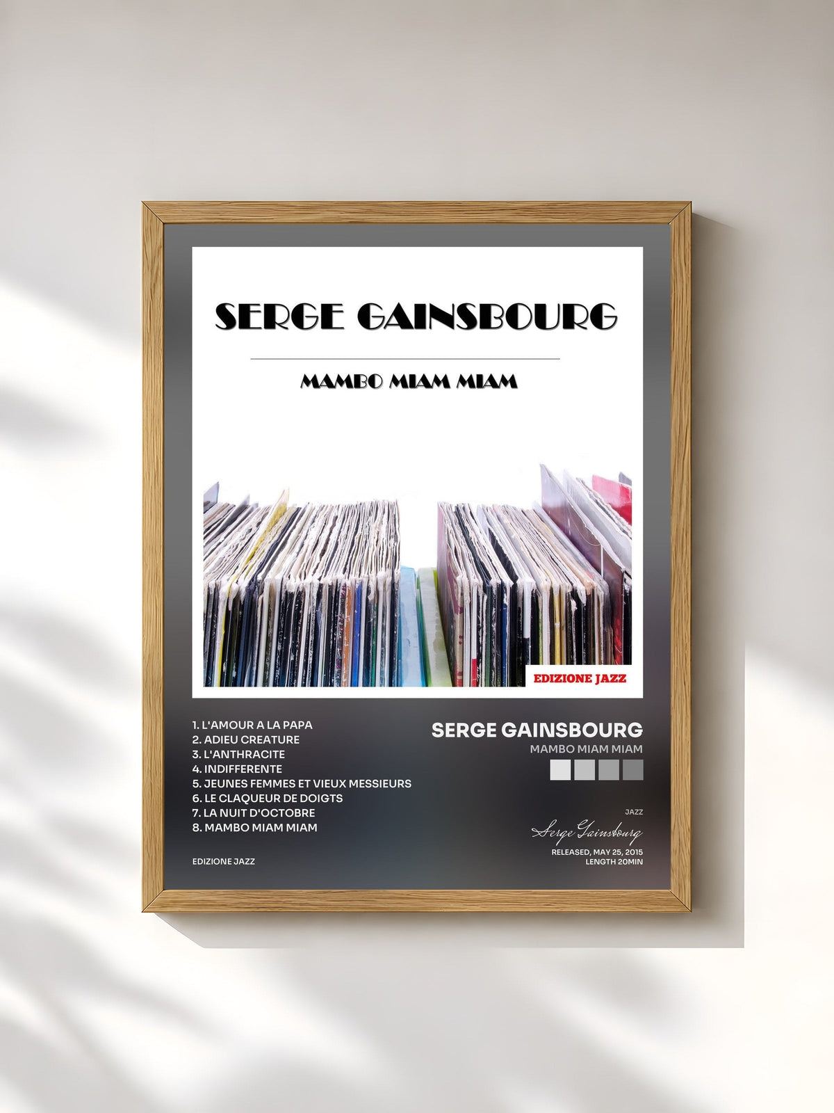 #bois Tableau de l'album Mambo Miam Miam de Serge Gainsbourg, cadre en bois brut, imprimé et encadré en France
