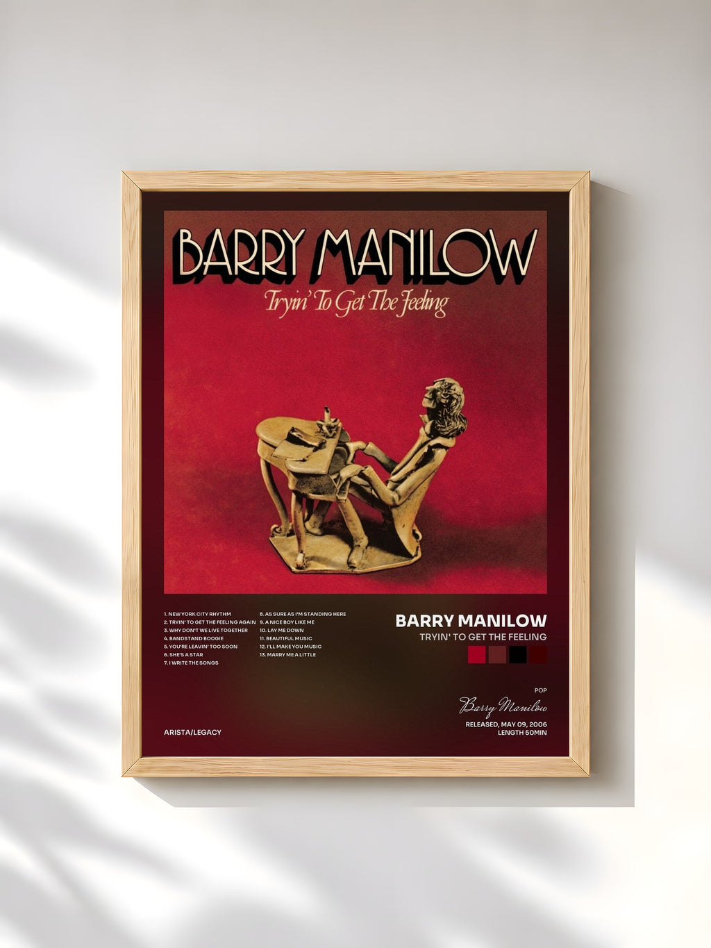 #bois Tableau de l'album Tryin' To Get The Feeling de Barry Manilow, cadre en bois brut, imprimé et encadré en France
