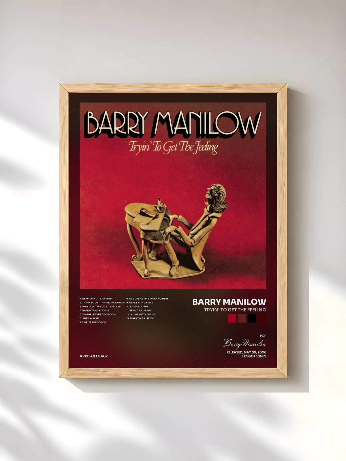 #bois Tableau de l'album Tryin' To Get The Feeling de Barry Manilow, cadre en bois brut, imprimé et encadré en France